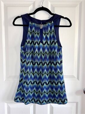 Etcetera Jacquard Knit Weave Tank Top Blouse Geometric Blue Green Teal Small